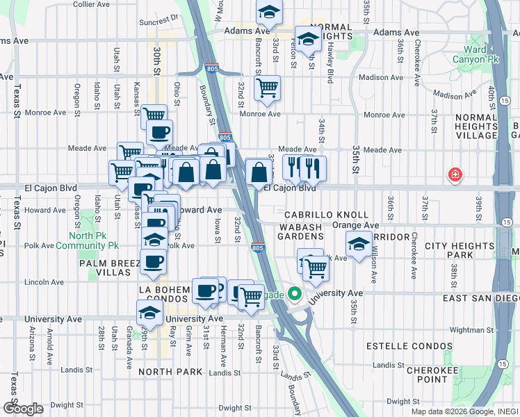 map of restaurants, bars, coffee shops, grocery stores, and more near 3245 Bramson Place in San Diego