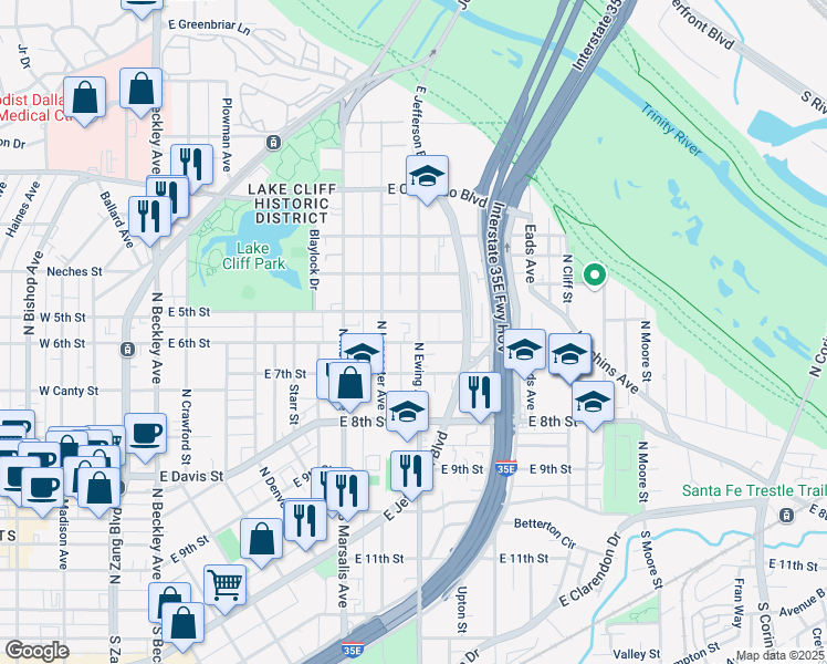 map of restaurants, bars, coffee shops, grocery stores, and more near 501 North Ewing Avenue in Dallas
