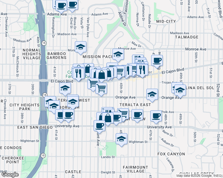 map of restaurants, bars, coffee shops, grocery stores, and more near 4254 Highland Avenue in San Diego