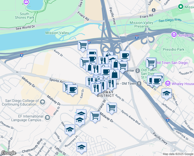 map of restaurants, bars, coffee shops, grocery stores, and more near 3776 Riley Street in San Diego