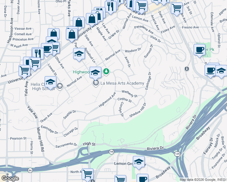 map of restaurants, bars, coffee shops, grocery stores, and more near 7848 Highwood Avenue in La Mesa
