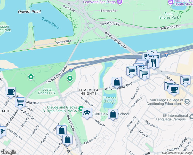 map of restaurants, bars, coffee shops, grocery stores, and more near 4322 West Point Loma Boulevard in San Diego