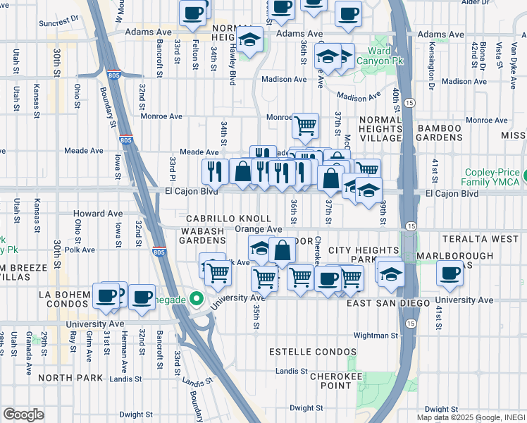 map of restaurants, bars, coffee shops, grocery stores, and more near 4247 35th Street in San Diego