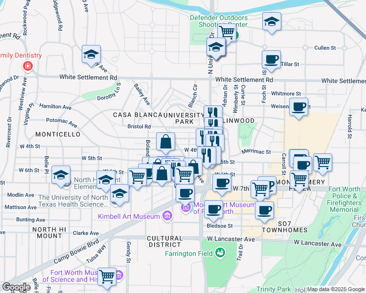 map of restaurants, bars, coffee shops, grocery stores, and more near 3205 Hamilton Avenue in Fort Worth