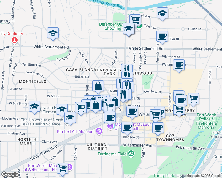 map of restaurants, bars, coffee shops, grocery stores, and more near 3205 Hamilton Avenue in Fort Worth