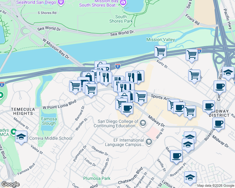 map of restaurants, bars, coffee shops, grocery stores, and more near 3895 Midway Drive in San Diego