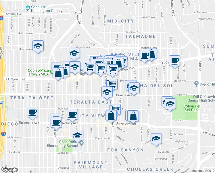 map of restaurants, bars, coffee shops, grocery stores, and more near 4243 47th Street in San Diego