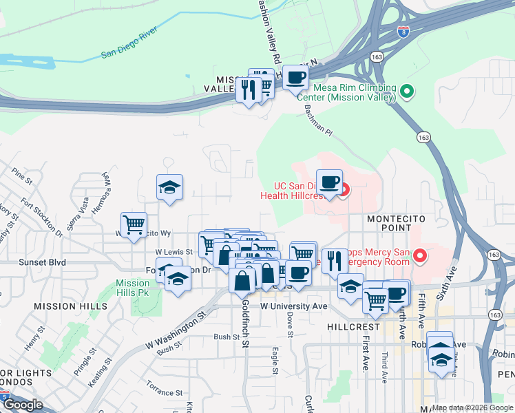map of restaurants, bars, coffee shops, grocery stores, and more near 4204 Falcon Street in San Diego