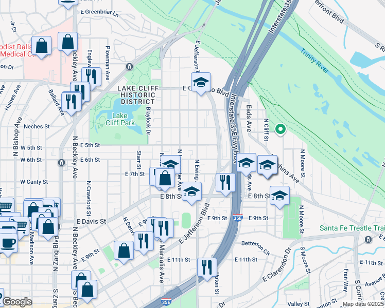 map of restaurants, bars, coffee shops, grocery stores, and more near 501 North Ewing Avenue in Dallas