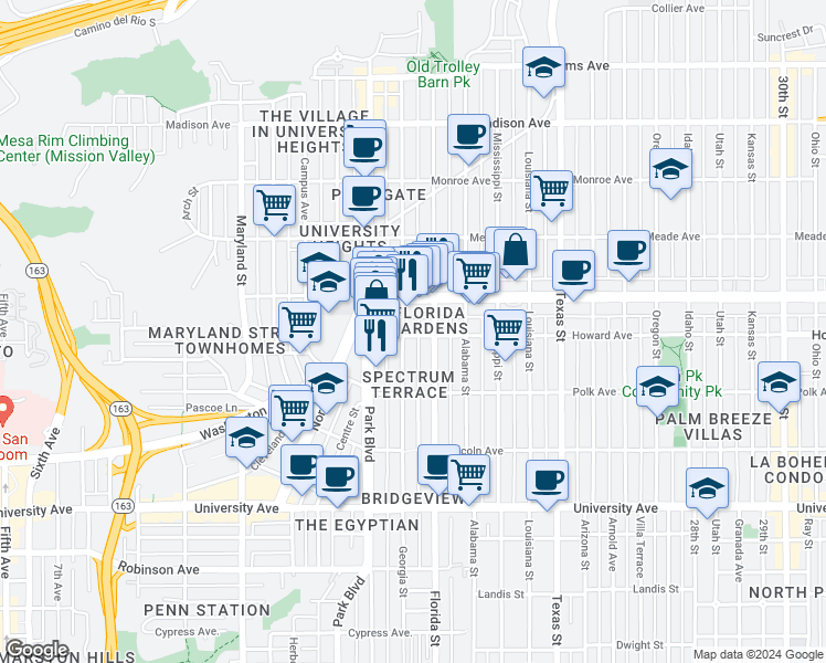 map of restaurants, bars, coffee shops, grocery stores, and more near 3120-22 Howard Avenue in San Diego
