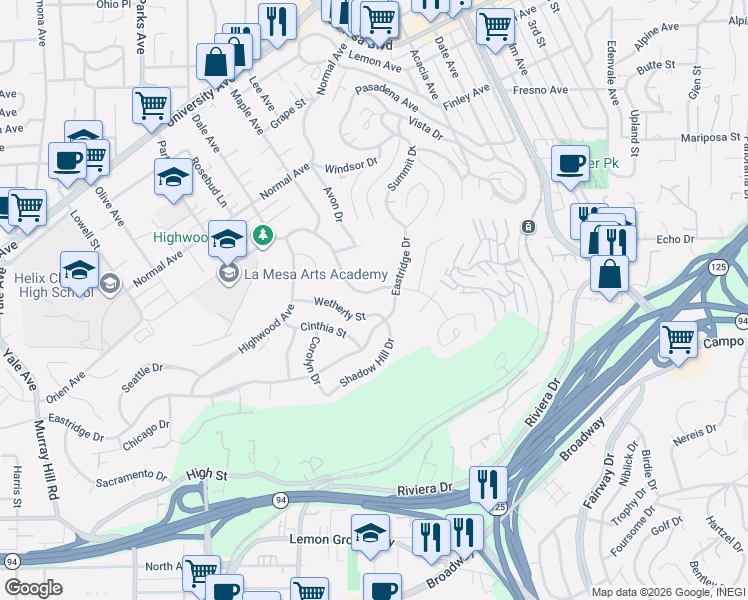 map of restaurants, bars, coffee shops, grocery stores, and more near 8050 Wetherly Street in La Mesa