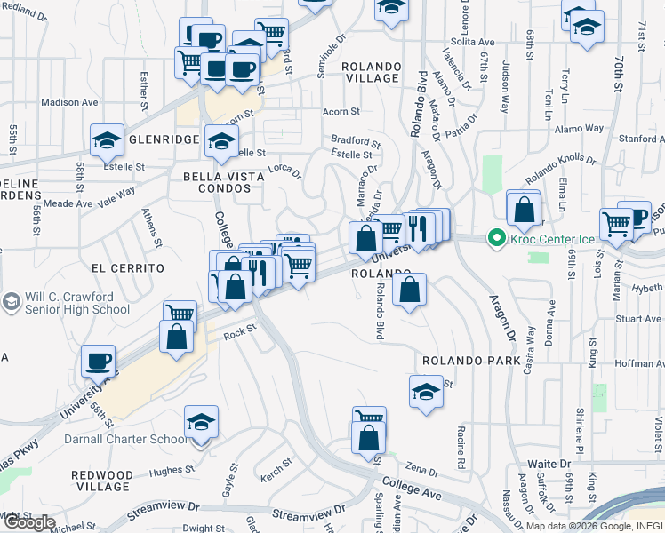 map of restaurants, bars, coffee shops, grocery stores, and more near 6265 University Avenue in San Diego