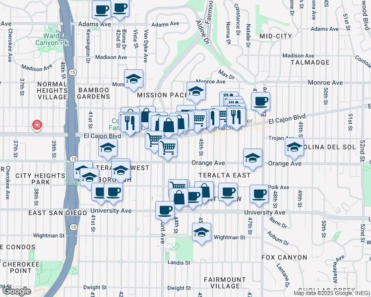 map of restaurants, bars, coffee shops, grocery stores, and more near 4244 Highland Avenue in San Diego