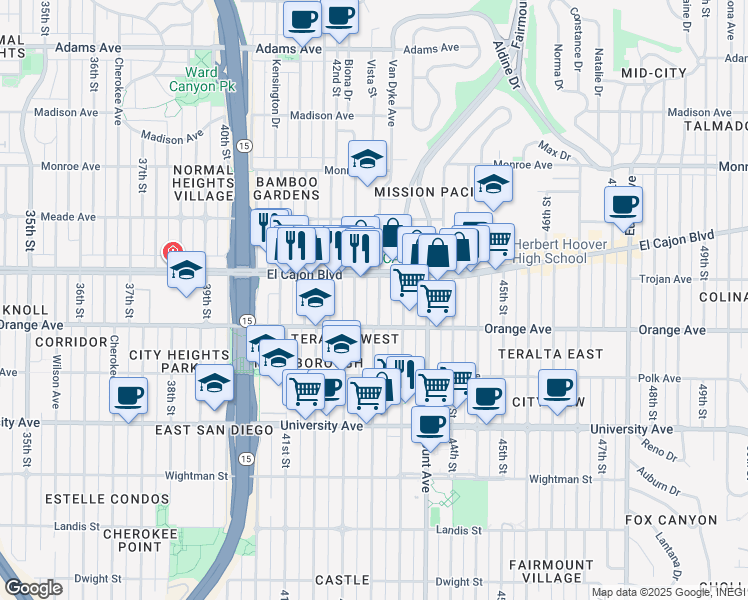 map of restaurants, bars, coffee shops, grocery stores, and more near 4235 Copeland Avenue in San Diego