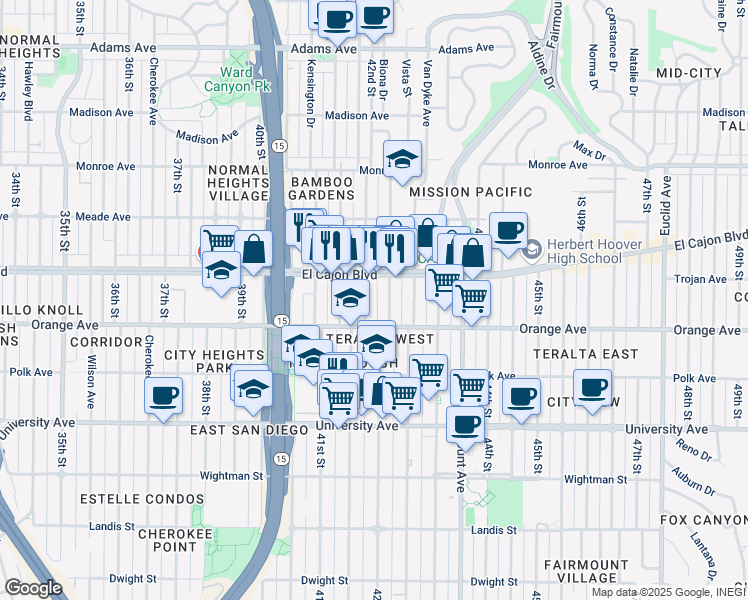 map of restaurants, bars, coffee shops, grocery stores, and more near 4204 Orange Avenue in San Diego