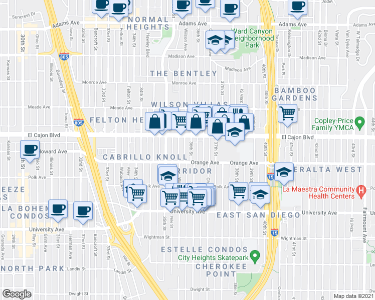 map of restaurants, bars, coffee shops, grocery stores, and more near 4235 36th Street in San Diego