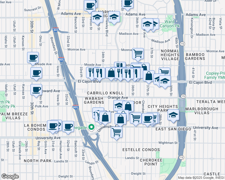 map of restaurants, bars, coffee shops, grocery stores, and more near 4249 1/2 35th Street in San Diego