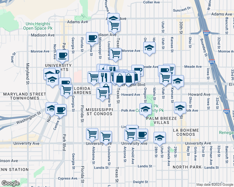 map of restaurants, bars, coffee shops, grocery stores, and more near 2321 Howard Avenue in San Diego