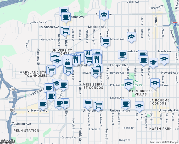 map of restaurants, bars, coffee shops, grocery stores, and more near 4196 Alabama Street in San Diego