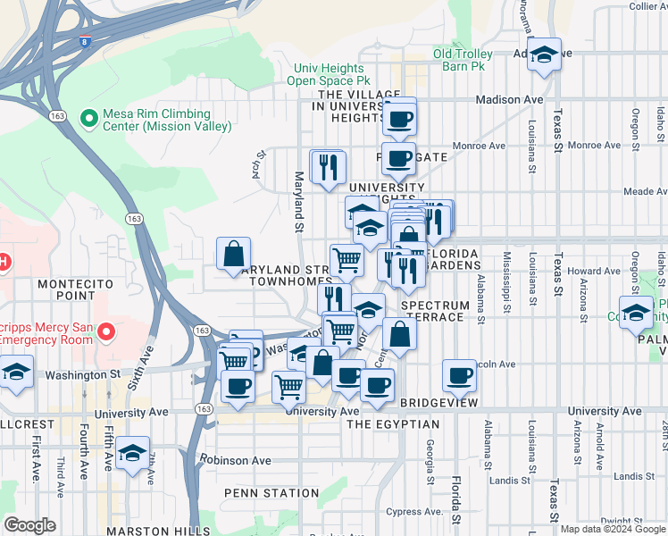 map of restaurants, bars, coffee shops, grocery stores, and more near 4214 Cleveland Avenue in San Diego