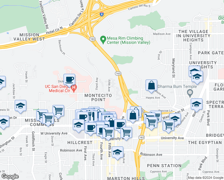 map of restaurants, bars, coffee shops, grocery stores, and more near 4204 Fifth Avenue in San Diego