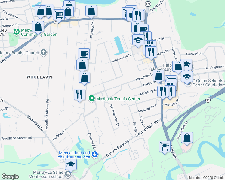 map of restaurants, bars, coffee shops, grocery stores, and more near 1841 Houghton Drive in Charleston