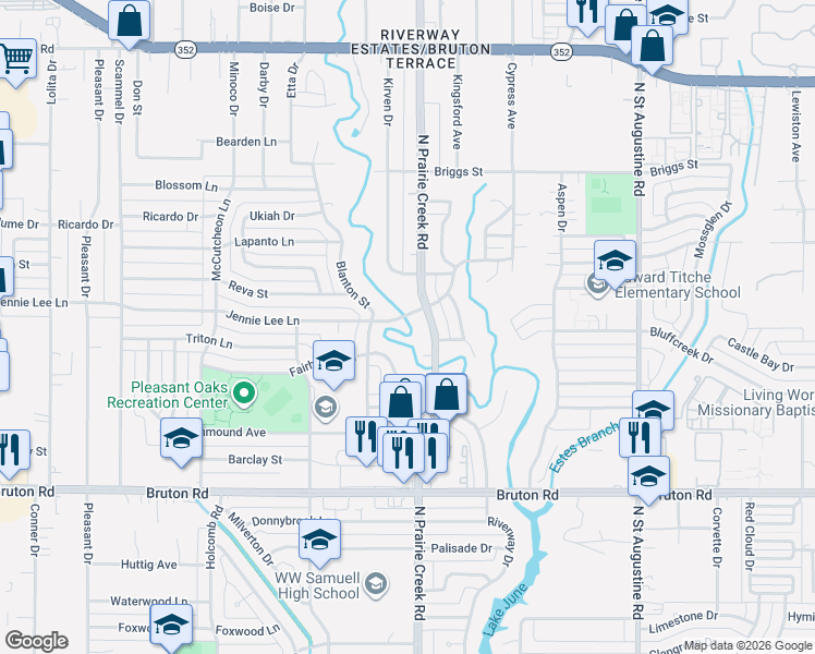 map of restaurants, bars, coffee shops, grocery stores, and more near 2415 North Prairie Creek Road in Dallas