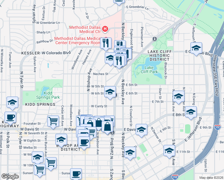map of restaurants, bars, coffee shops, grocery stores, and more near 900 Elsbeth Street in Dallas