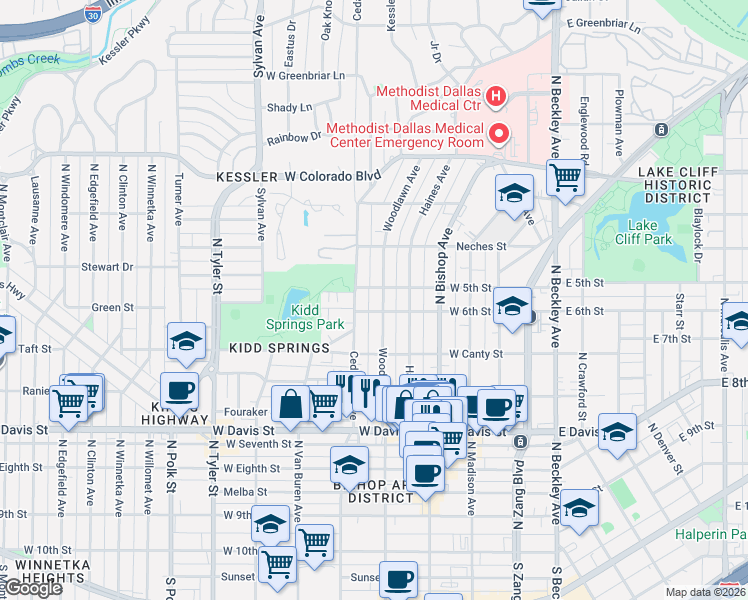 map of restaurants, bars, coffee shops, grocery stores, and more near 906 Cedar Hill Avenue in Dallas