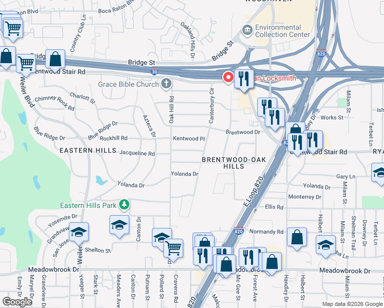 map of restaurants, bars, coffee shops, grocery stores, and more near 6225 Franwood Terrace in Fort Worth