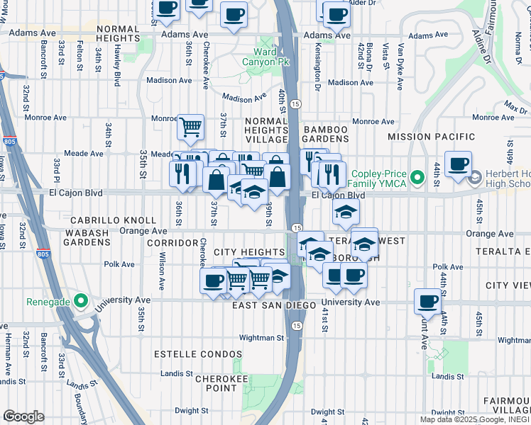 map of restaurants, bars, coffee shops, grocery stores, and more near 1 39th Street in San Diego