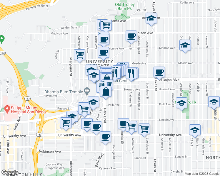 map of restaurants, bars, coffee shops, grocery stores, and more near 1828 Howard Avenue in San Diego
