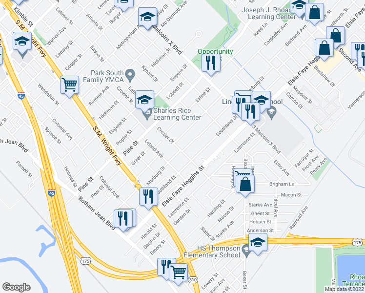 map of restaurants, bars, coffee shops, grocery stores, and more near 4430 Crozier Street in Dallas