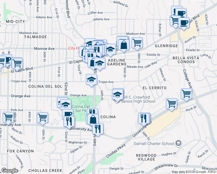 map of restaurants, bars, coffee shops, grocery stores, and more near 4222 Bernadine Place in San Diego