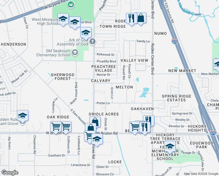 map of restaurants, bars, coffee shops, grocery stores, and more near 1033 Ervin Lane in Mesquite