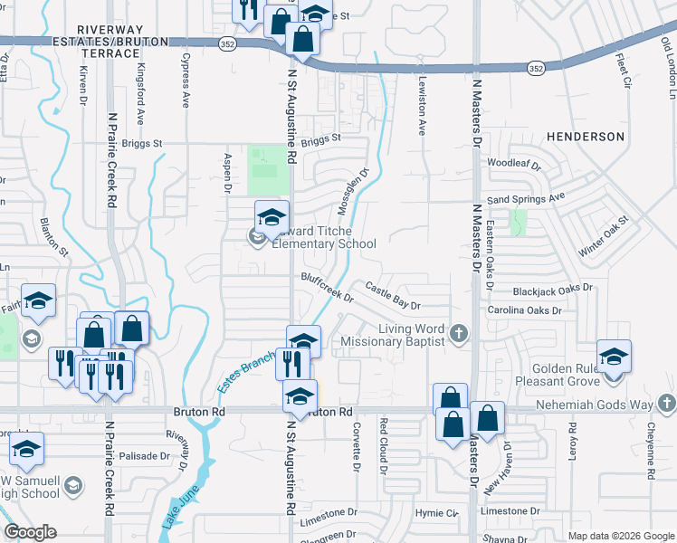 map of restaurants, bars, coffee shops, grocery stores, and more near 9715 Castle Bay Drive in Dallas