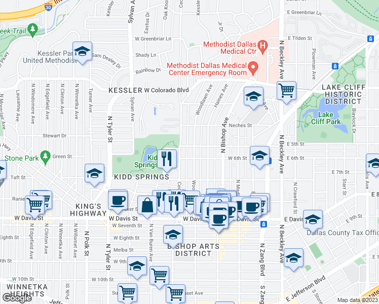map of restaurants, bars, coffee shops, grocery stores, and more near 906 Cedar Hill Avenue in Dallas