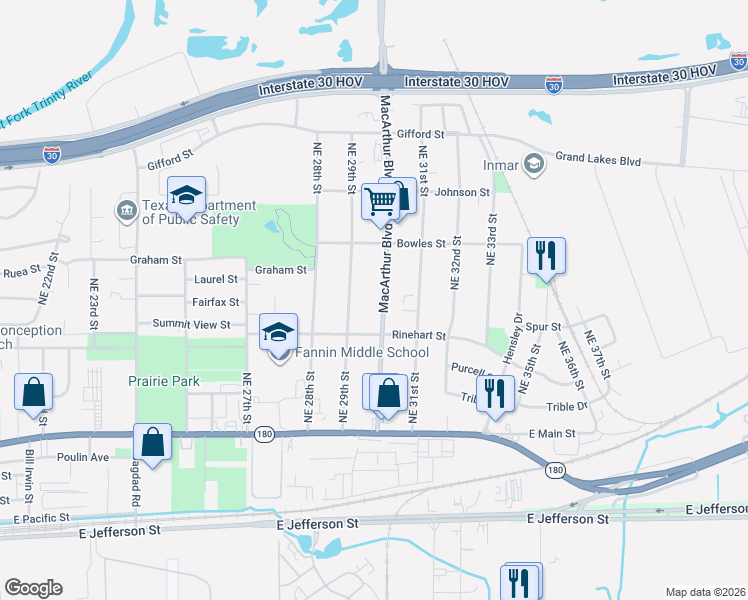 map of restaurants, bars, coffee shops, grocery stores, and more near 422 MacArthur Blvd in Grand Prairie