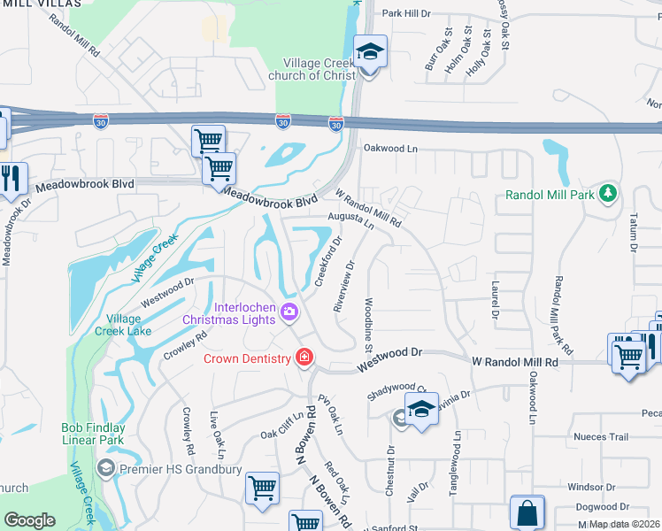 map of restaurants, bars, coffee shops, grocery stores, and more near 1413 Creekford Drive in Arlington