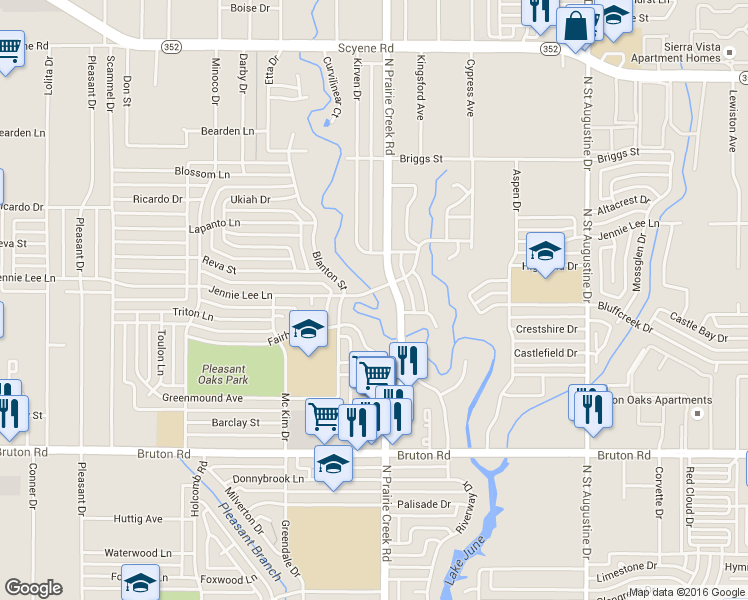 map of restaurants, bars, coffee shops, grocery stores, and more near 2415 North Prairie Creek Road in Dallas