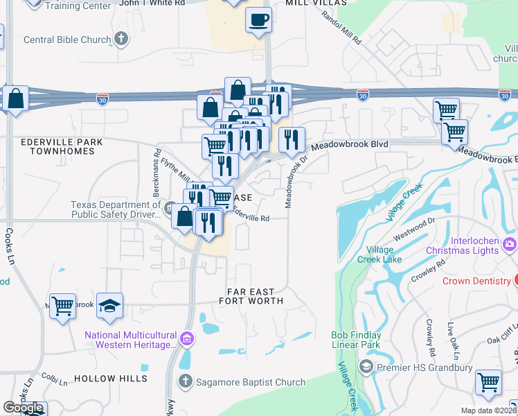 map of restaurants, bars, coffee shops, grocery stores, and more near 8551 Ederville Road in Fort Worth