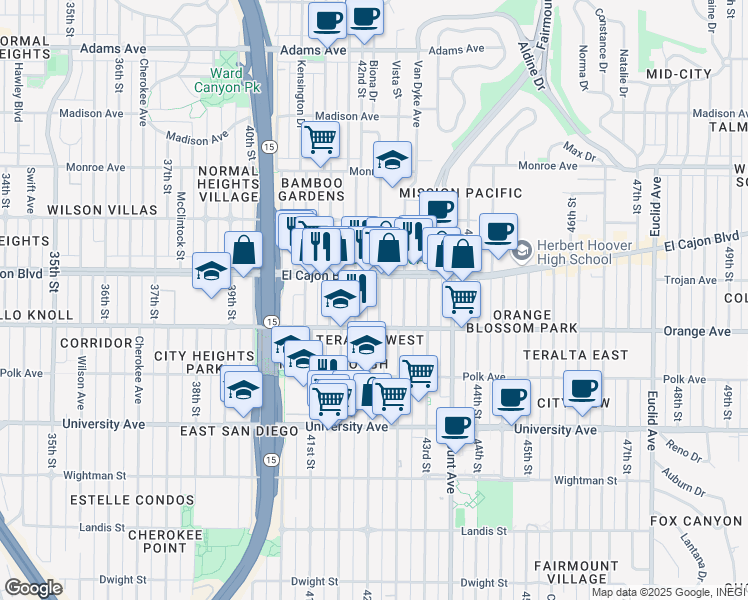 map of restaurants, bars, coffee shops, grocery stores, and more near 4258 Copeland Avenue in San Diego