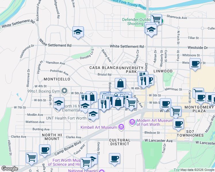 map of restaurants, bars, coffee shops, grocery stores, and more near 3336 West 4th Street in Fort Worth