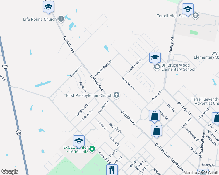 map of restaurants, bars, coffee shops, grocery stores, and more near 910 Griffith Ave in Terrell