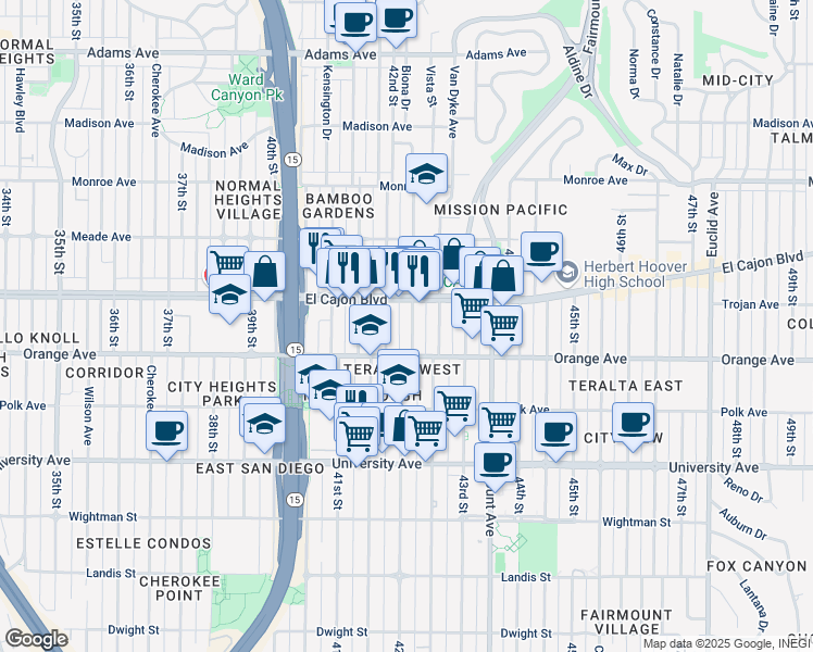 map of restaurants, bars, coffee shops, grocery stores, and more near 4258 Copeland Avenue in San Diego