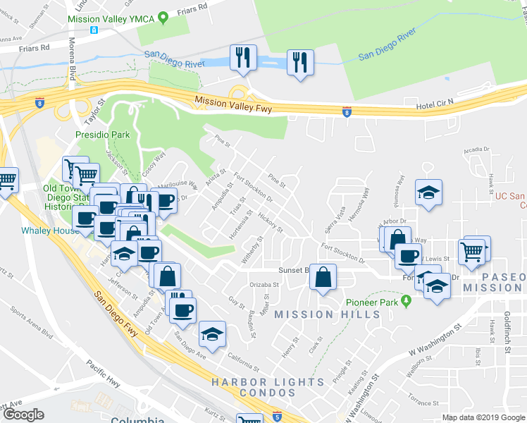 map of restaurants, bars, coffee shops, grocery stores, and more near 4361 Hortensia Street in San Diego