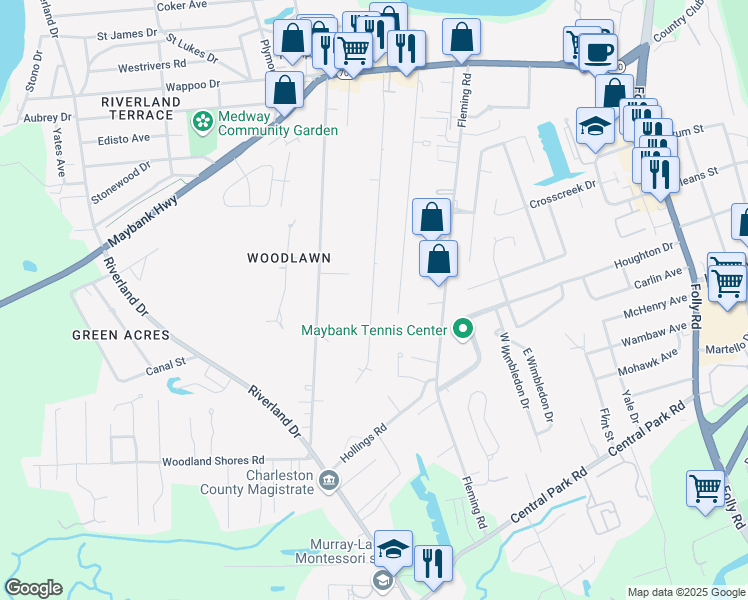 map of restaurants, bars, coffee shops, grocery stores, and more near 349 Stefan Drive in Charleston