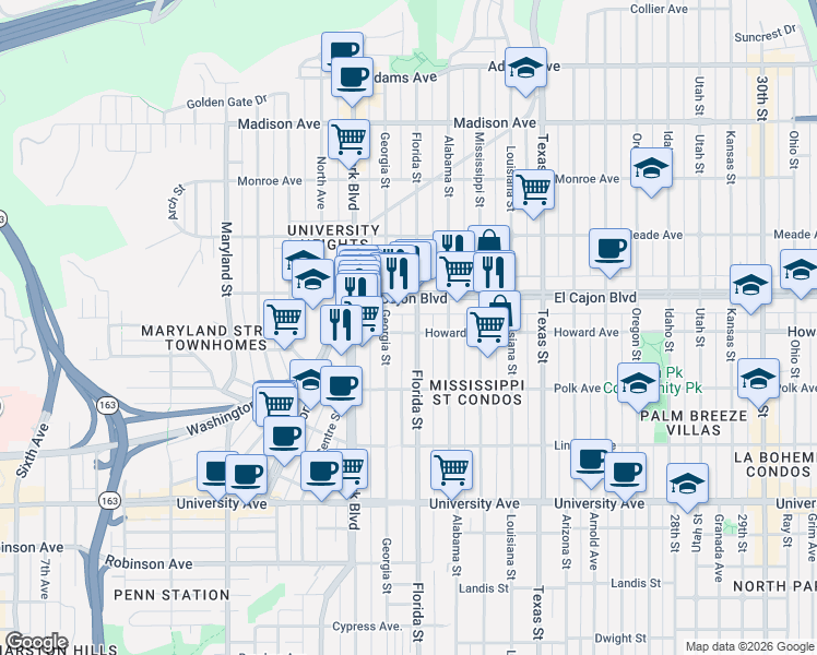 map of restaurants, bars, coffee shops, grocery stores, and more near 1936 Howard Avenue in San Diego