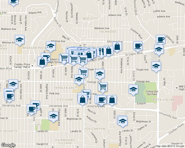 map of restaurants, bars, coffee shops, grocery stores, and more near 4263 48th Street in San Diego