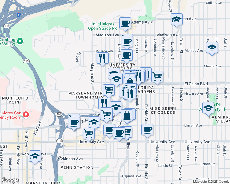 map of restaurants, bars, coffee shops, grocery stores, and more near 4101 Campus Avenue in San Diego